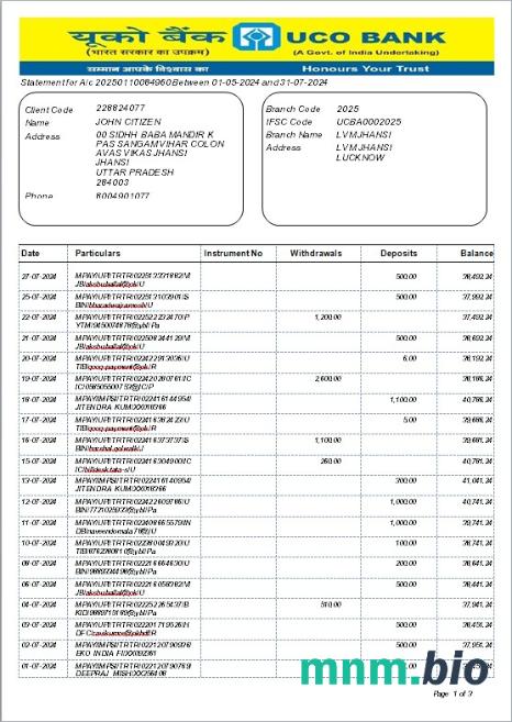 Szablon wyciągu bankowego INDIA STANDARD CHARTERED, format Word i PDF